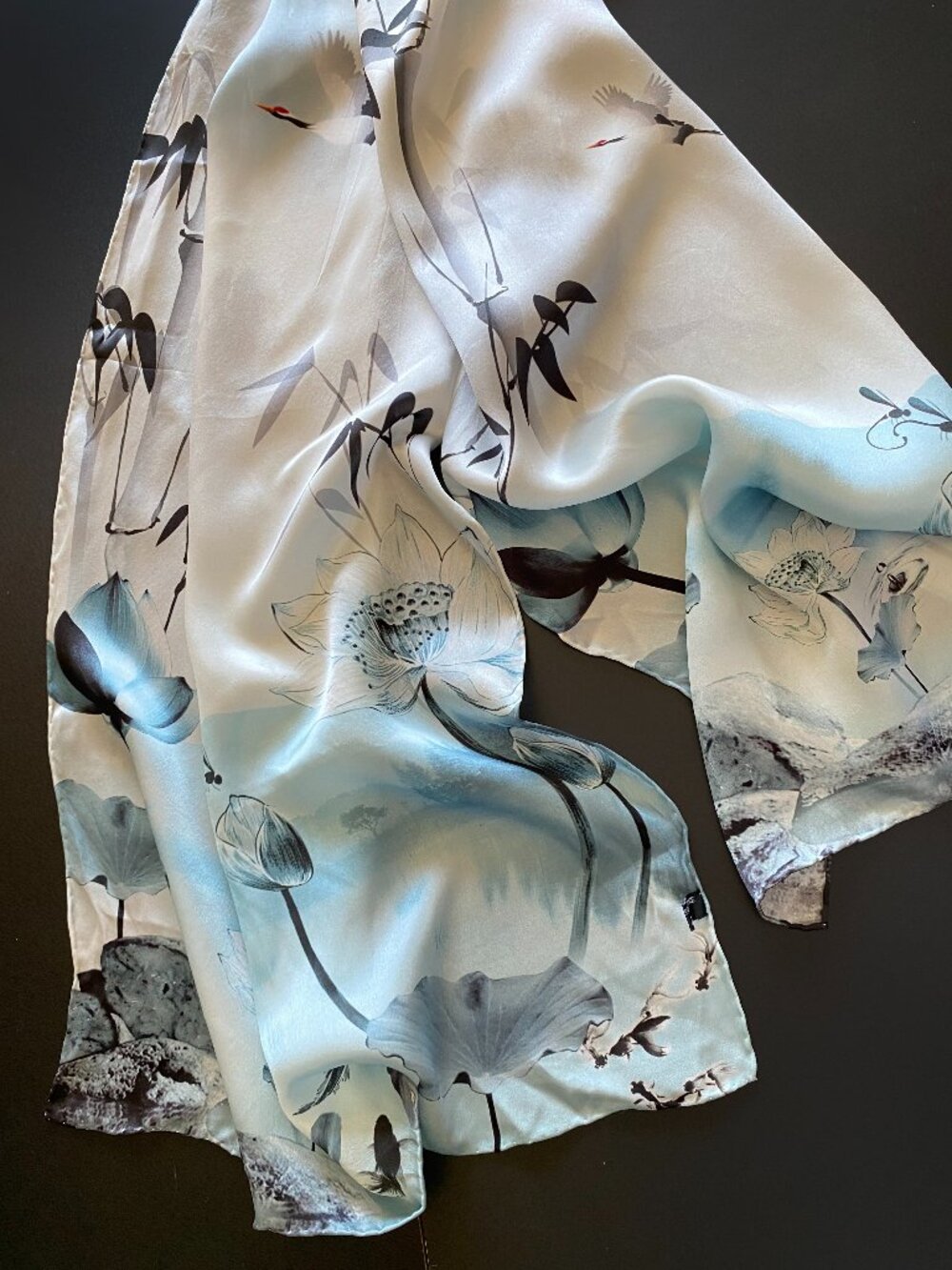 100% Silk Crane Lotus Bamboo Scarf Shawl Wrap White Blue Asian Print 20x64